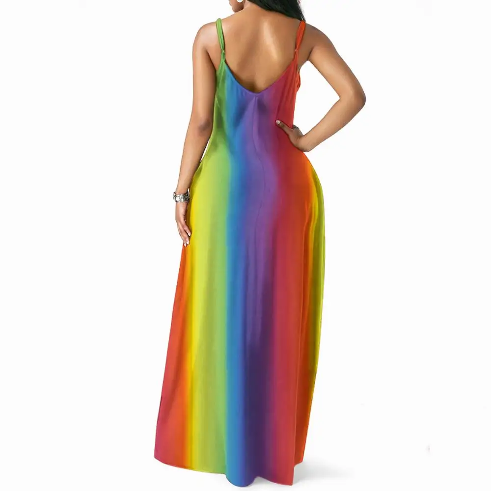 

High Waist Sexy Women Robe Summer 2020 Sleeveless Deep V-neck Loose Maxi Dress Mix-color Strip Printed Backless Party Dress 5XL