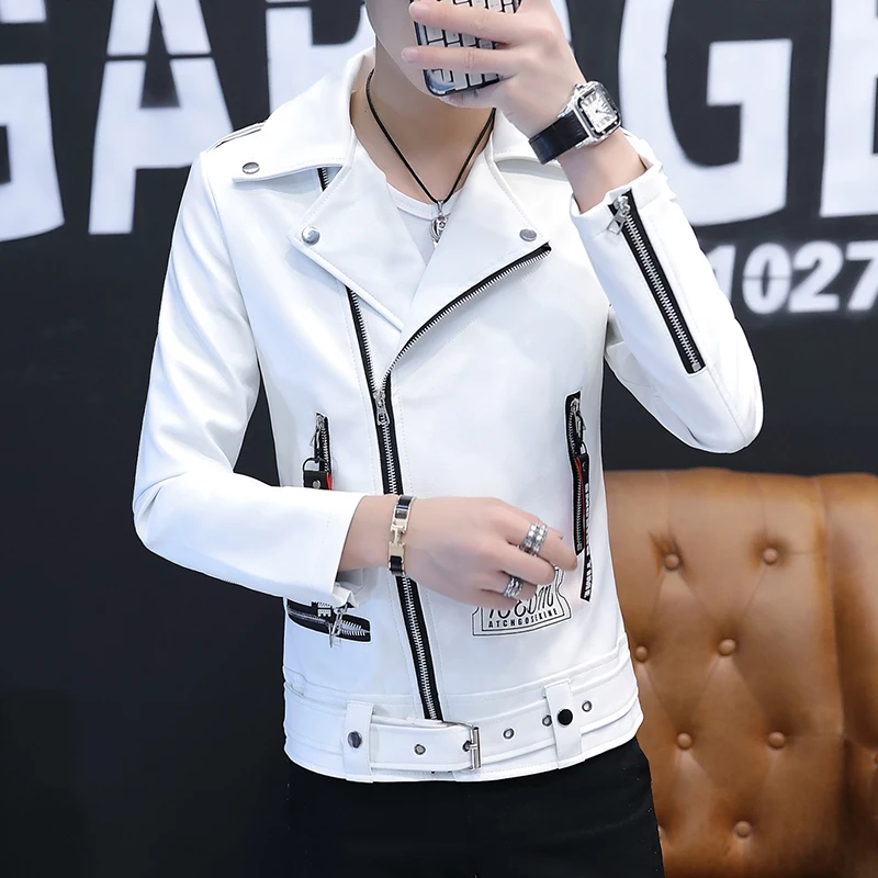 

Nice Autumn Men Leather Jacket Fashion Male White Black Faux Leather Motorcycle Slim Fit Jacket Coats Male Clothing Coat