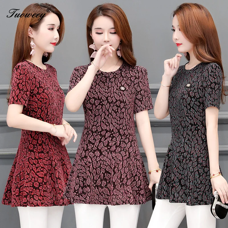 

L-5XL Elegant Ladies Lace Tops short Sleeve Hollow Out Spring Shirts 2020 Female Slim leopard Shirt femme Women Clothes