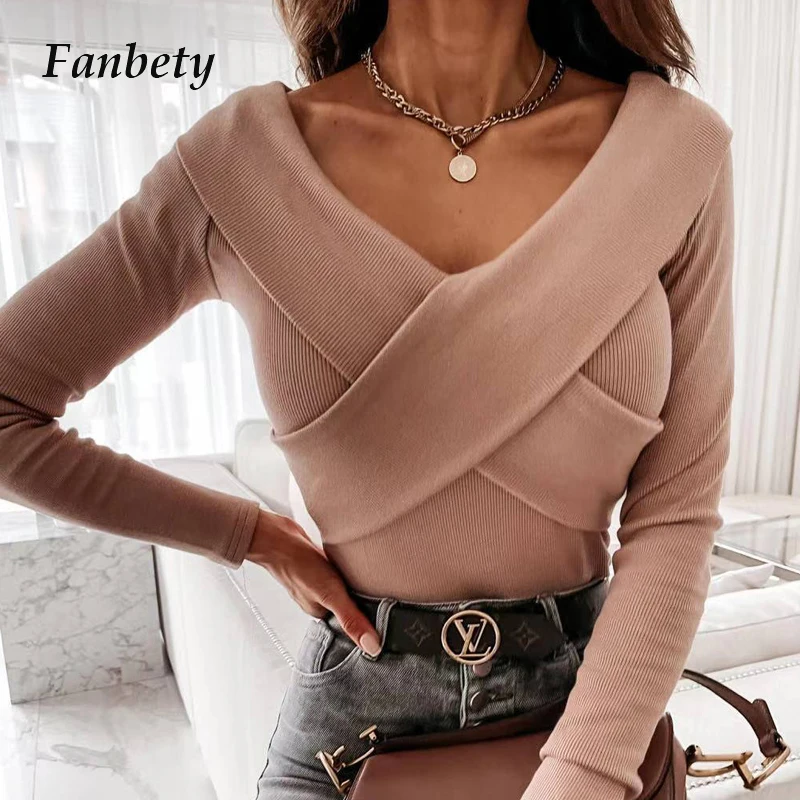 

Women Elegant Cross V Neck Ribbed Blouse Shirt Spring Sexy Ladies Off Shoulder Pullover Top Femme Club Wear Solid Slim Fit Blusa