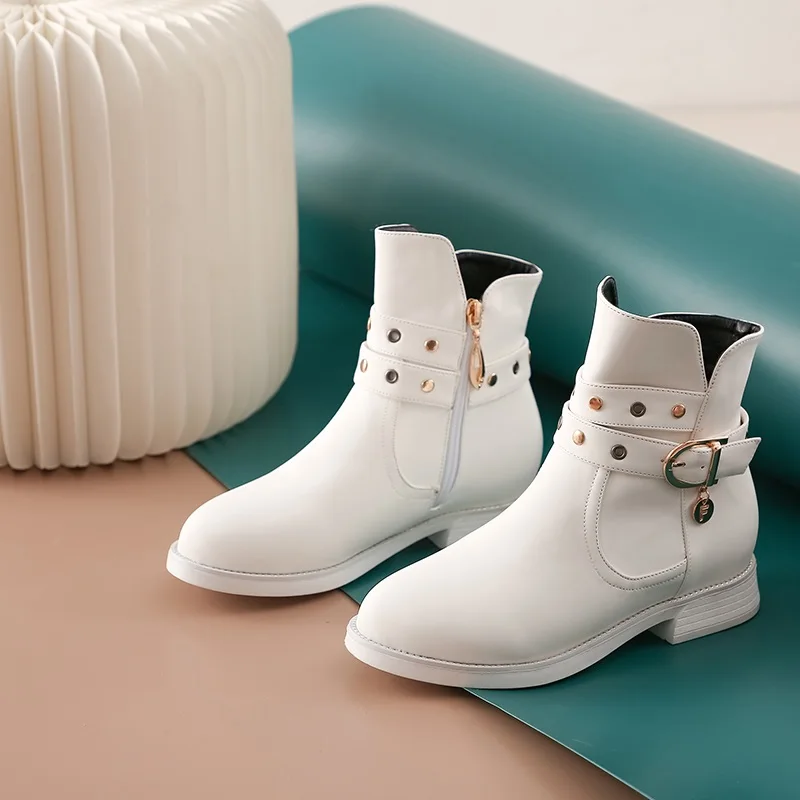 white EGONERY/классная заклепка в стиле панк; ботильоны; модные зимние ботильоны; милые женские туфли на плоской подошве розового, фиолетового, белого, розового, красного цвета; размеры 34-39 - Цвет: white