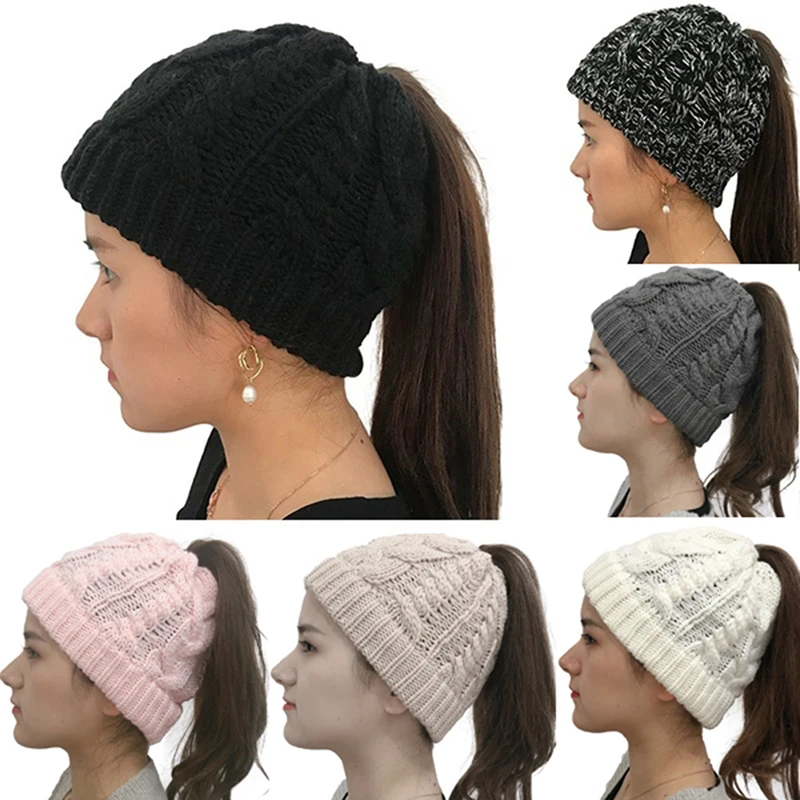 

Winter Knitting Hats Winter Women Hat Ladies Girl Stretch Knit Hat Messy Bun Ponytail Beanie Holey Warm Hats Caps