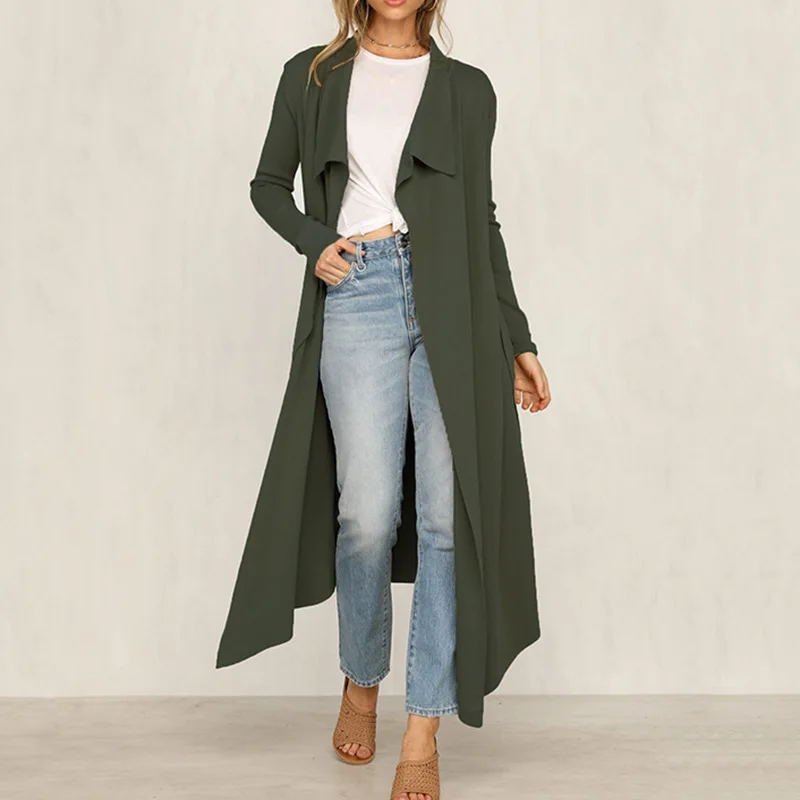 Женское длинное пальто с v образным вырезом однотонное на шнуровке открытым швом