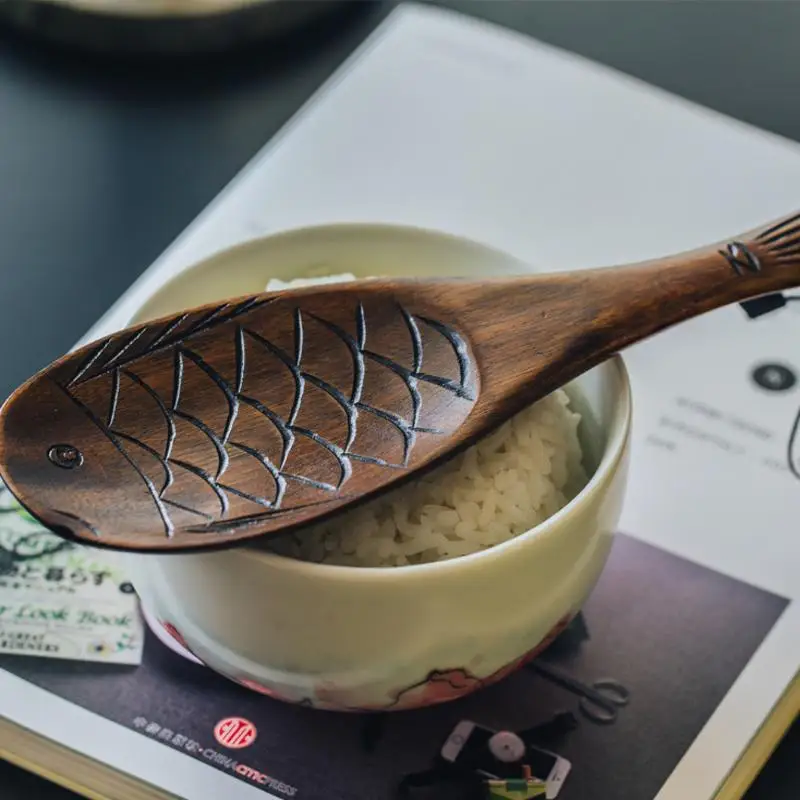 

Eco Friendly Japanese Wooden Tableware Creative Solid Wood Cartoon Fish-shaped Rice Spoon Cute Kitchen Items Serving Spoon