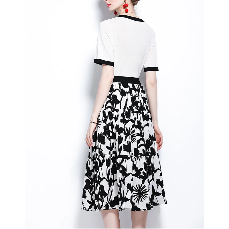 

LIZI Women Elegant Two Piece Set Spliced Knitted Flower Embroidery Tops Blouse Floral Pint Folds Pleated Knee Length Skirt T3049