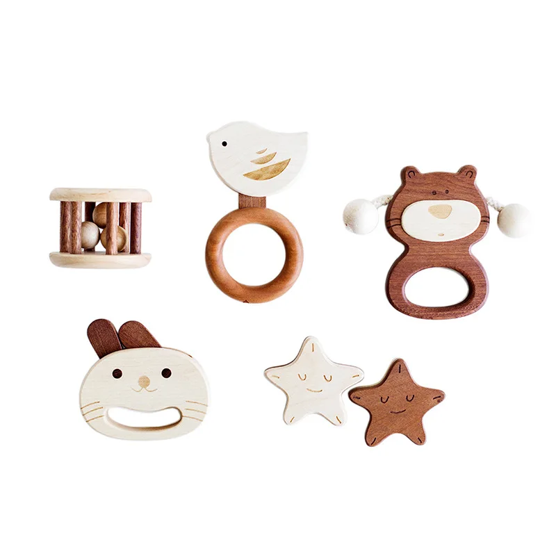 

Ink Small 0-1 Year Old Toys for Children and Infants Wooden Bite Five-Piece Cartoon Newborn Baby Rattle Toy
