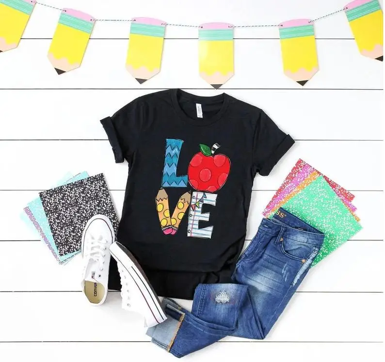 

Love Teacher Apple Love Teach Shirt Short Sleeve Tees Fashion 100% Cotton O Neck Clothing Plus Size Casual Streetwear harajuku