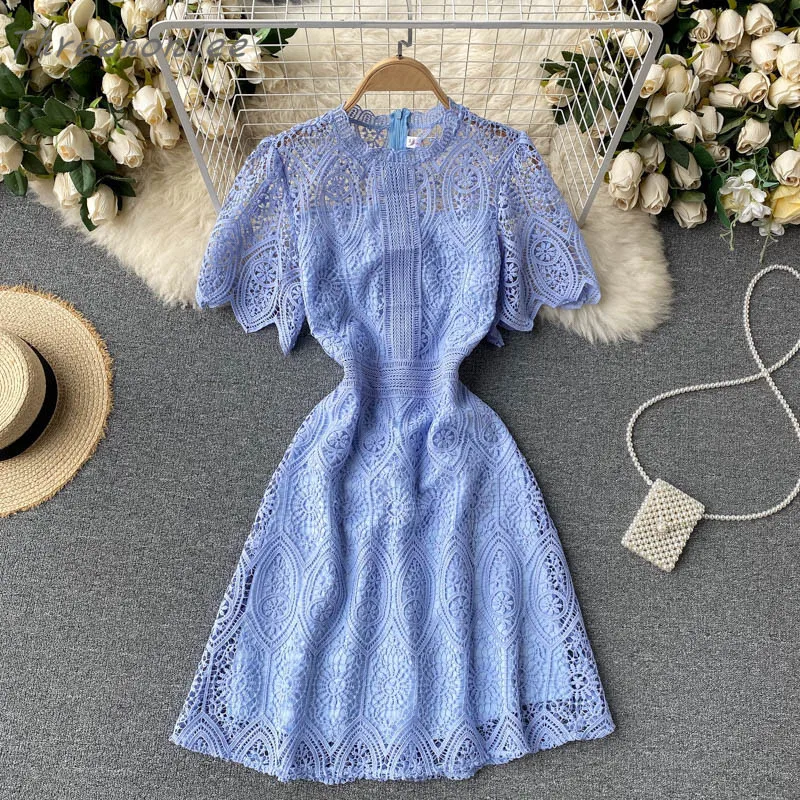 

2021 Summer New Arrival Woman Lace Dress Short Sleeve Hook Flowers Hollow Knee-length Office Lady Dress Vestidos