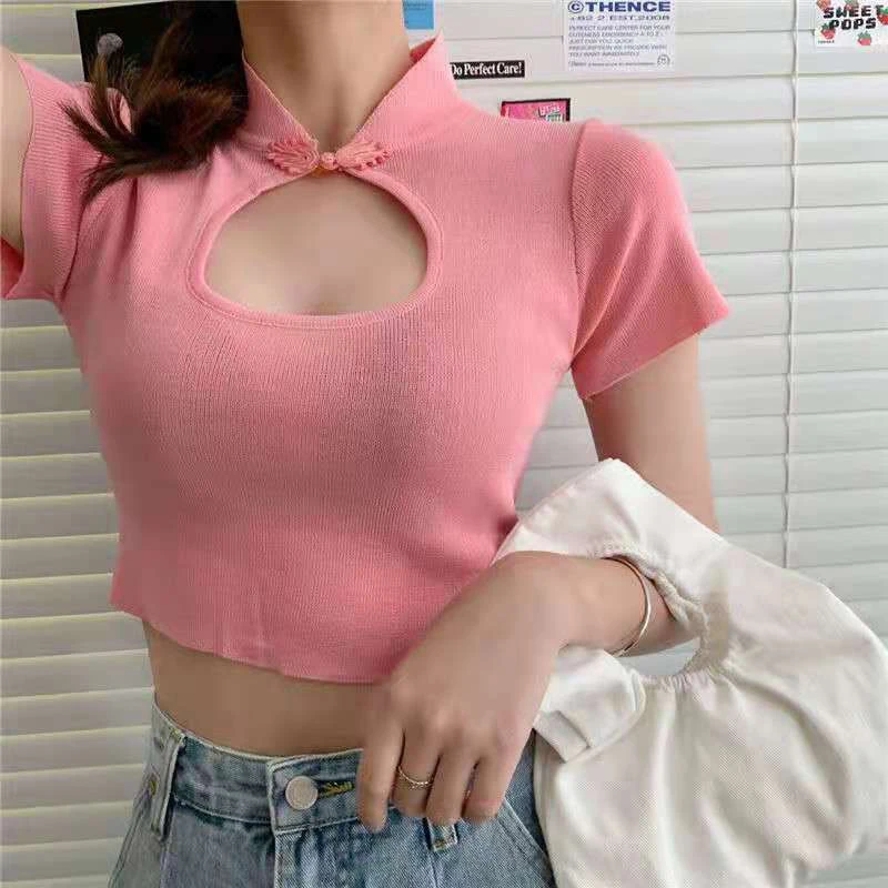 

Crop Top women gothic clothes Short Sleeve T-Shirts Kpop Sexy Hollow out women's clothing 2021 Retro Slim Feminine clothes y2k