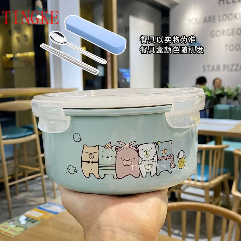 

1000-1200ml Korean Simple Round Lunch Box Office Worker with Rice Soup Bowl Portable Stainless Steel Instant Noodle Bowl