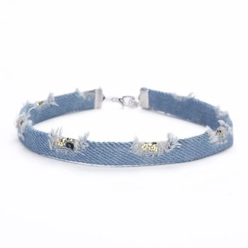 

Choker Necklace Blue Distressed Frayed Denim Jeans Gothic Choker Necklace rope chain for Women jewelry gift