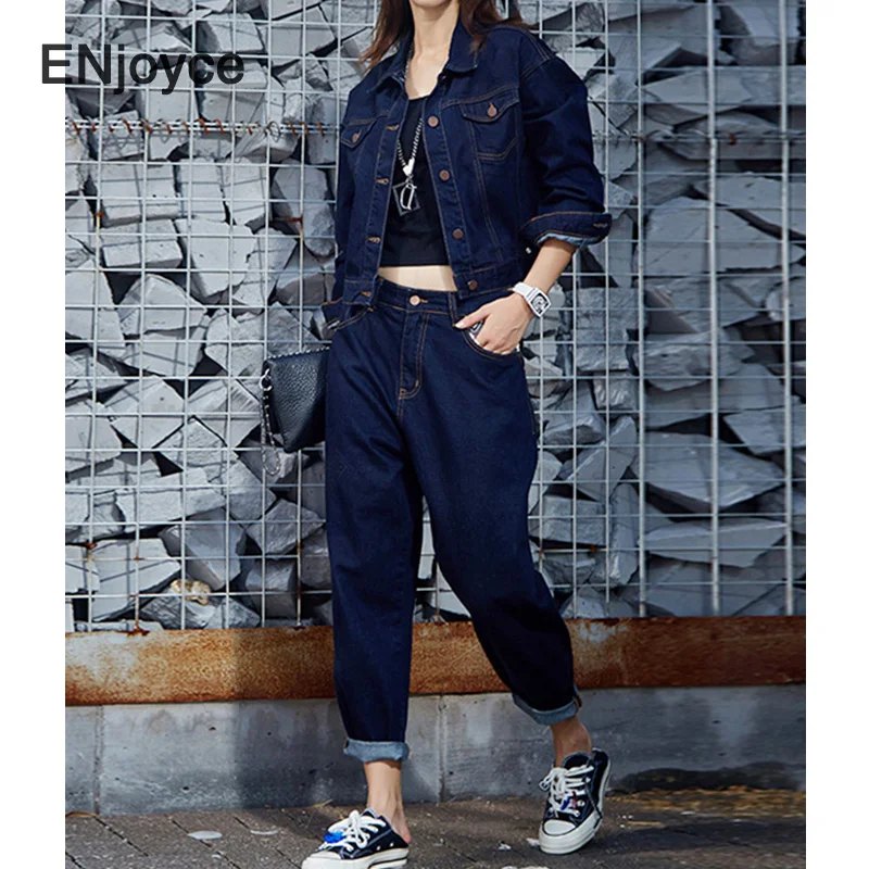 Женская джинсовая куртка комплекты 2021 Весна осень синие джинсы и брюки Комплект