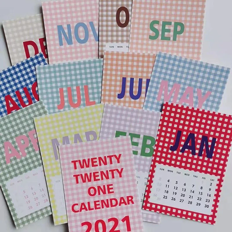

ins Retro Colorful Checkered Calendar Decorative Pictures Postcard Wall Sticker Background Poster Card Home Decor 13 Sheets 2021