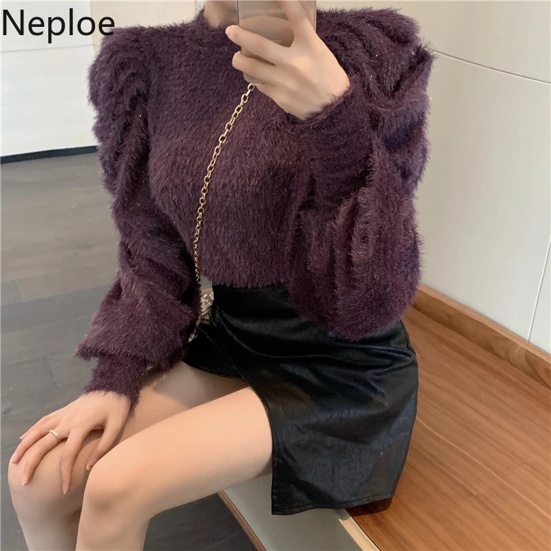 Пуловер Neploe с круглым вырезом и длинным рукавом вязаный свитер для женщин на