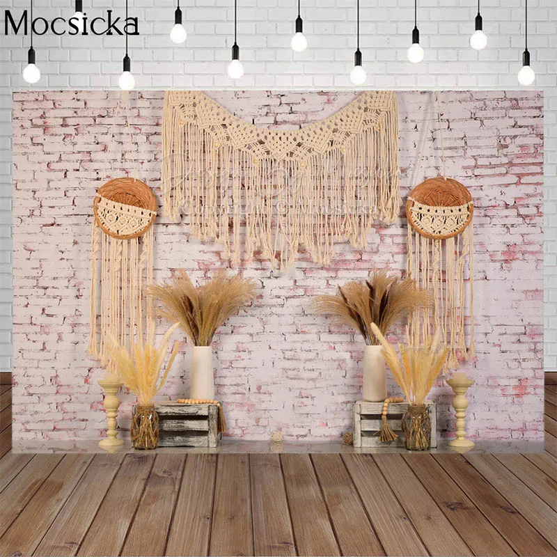 

Mocsicka Bohemia Style Photography Backdrops Vintage White Brick Wall Newborn Birthday Cake Smash Photo Background Studio Props
