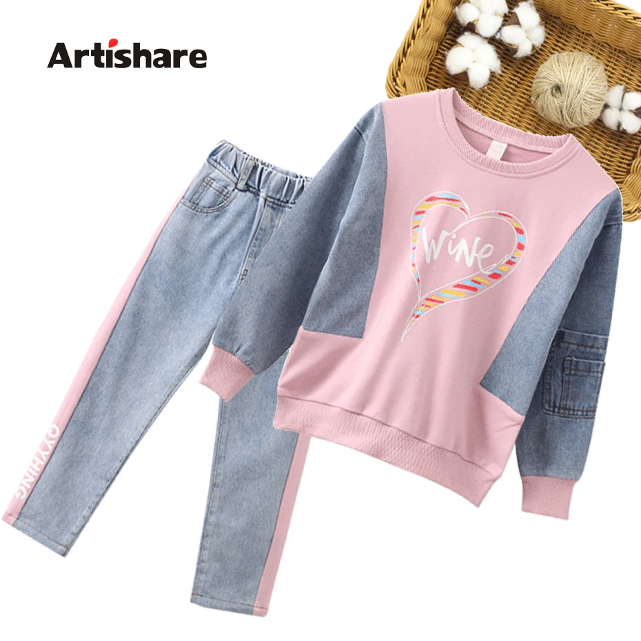 Одежда для девочек Толстовка + джинсы Детская одежда с узором в виде сердечек