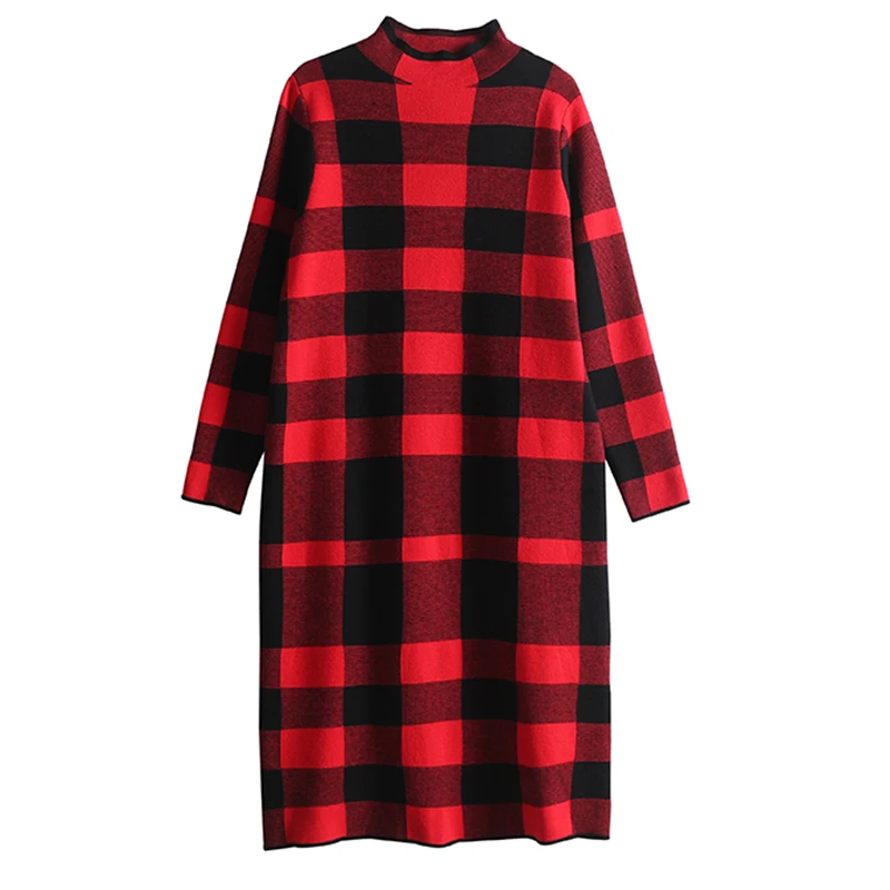 

New Autumn Elegant Female Red Plaid Turtleneck Knitting Sweaters Plus Size Women Vintage Long Sweaters Winter Casual Warm Dress