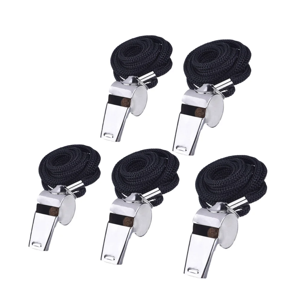 

5 Pcs Stainless Steel Whistles Wooden Beads Metal First Aid Whistles with Lanyard for Football and Officials (Silver)