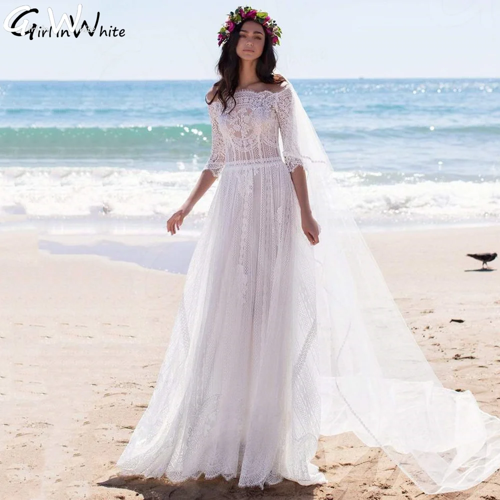 

Bohemia Lace Boat Neck Wedding Dress 3/4 Sleeve A-line BOHO Bridal Robes Button Illusion Back Bride to Be Vestido De Novia