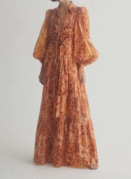 

High Quality Elegant Dress Lantern Sleeve V-Neck Vintage Print Banquet Evening Party Dress Long Dresses Sexy