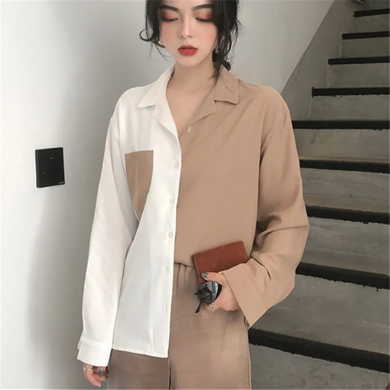 Женская рубашка Neploe в стиле пэчворк с карманами и отложным воротником