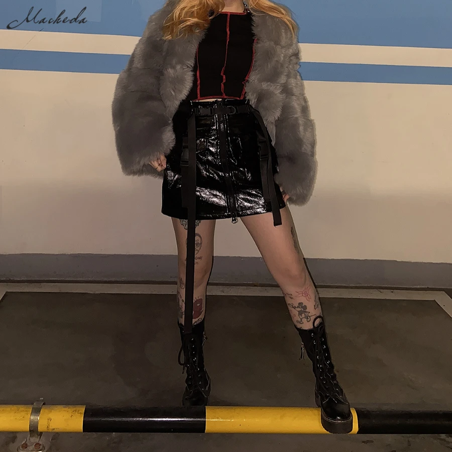 Macheda осень зима искусственная кожа harajuku уличная мини юбка для женщин индивидуальный большой карман Повседневная упаковка бедра юбка
