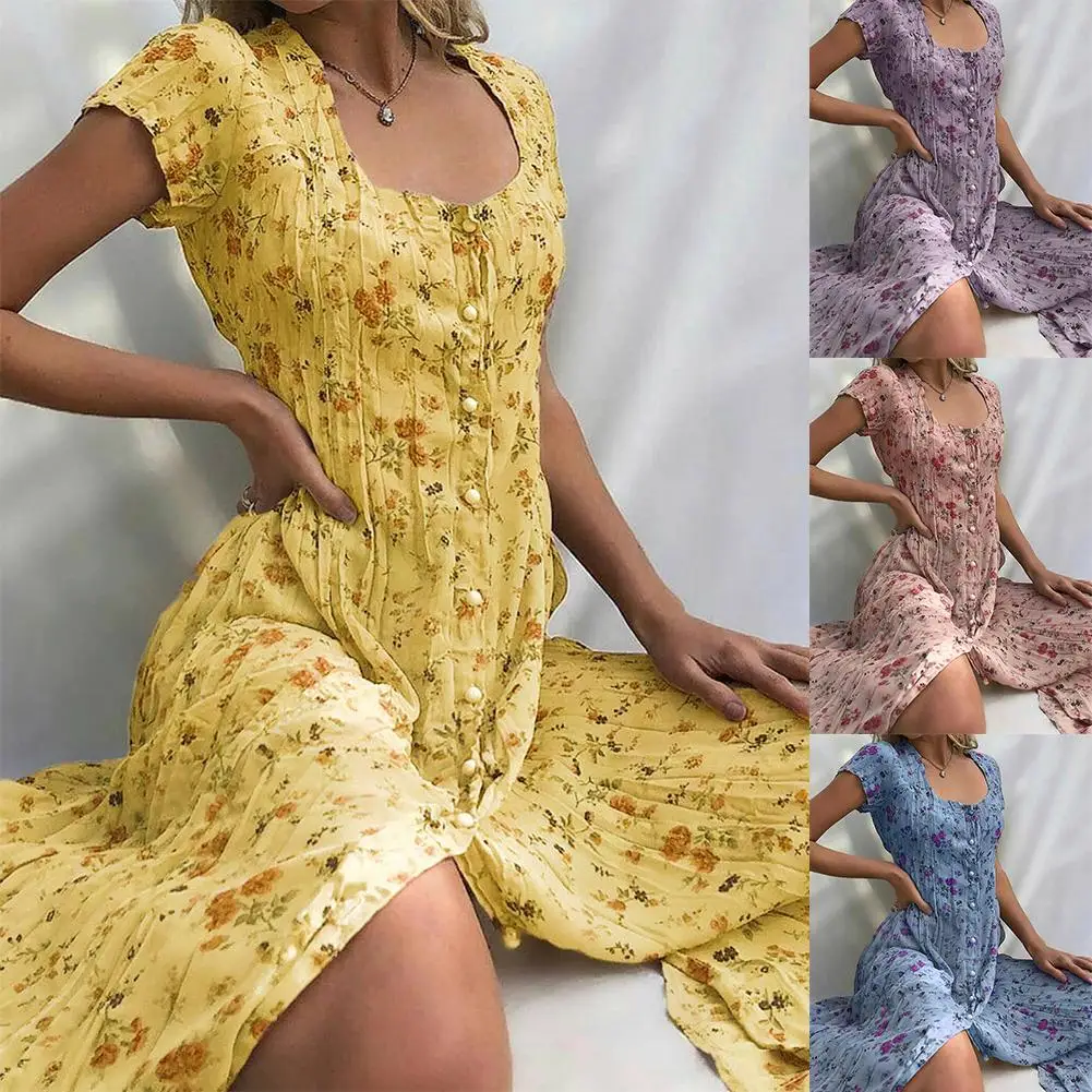 

Fashion Women Summer Vintage Polyester Square Neck Short Sleeve Floral Print Button Party Midi Beach Dress