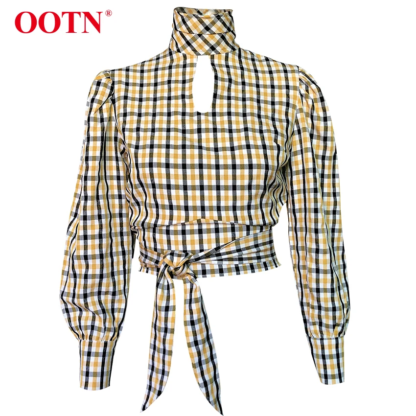 OOTN Сексуальная Открытая клетчатая Элегантная блузка женская втулка водолазка на шнуровке бант цветная рубашка с дырками винтажная Осенняя блузка