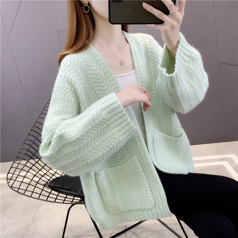 

2021 Real Promotion Room 206813 8 Row 2 Lower] Solid Color V-neck Pocket Loose Knit Cardigan 55