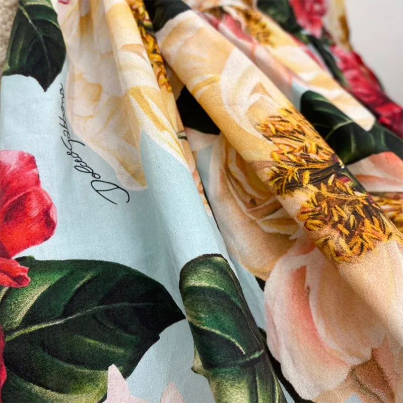 

2021 Summer Women Elegant Vintage A-line Floral Print High Waist Knee Length Skirts Top Quality Easy Match