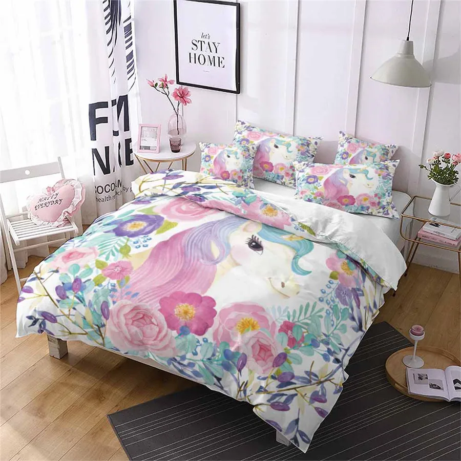 

HELENGILI 3D Bedding Set Cartoon unicorn Print Duvet Cover Set Bedcloth with Pillowcase Bed Set Home Textiles #YC-140