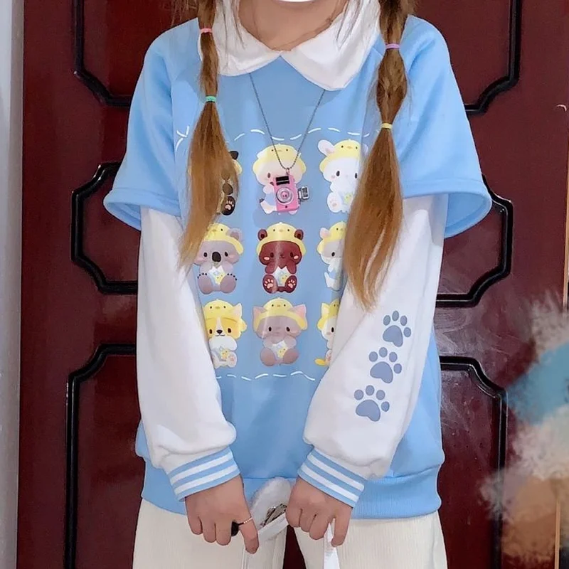 

QWEEK Kawaii Peter Pan Collar Hoodies Women Japanese Soft Girl Harajuku Cute Print Long Sleeve Sweatshirt Anime Alt Clothes 2021
