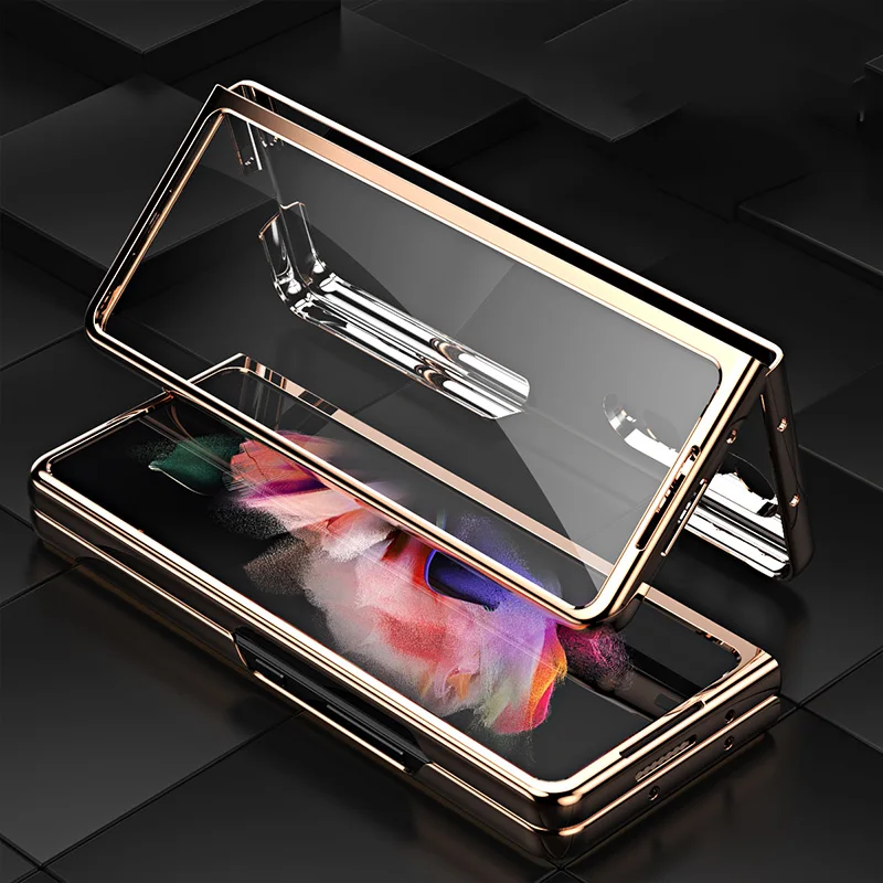 360 full protection bracket case for samsung galaxy z fold 3 5g phone cover carbon fiber texture case with front glass capa free global shipping