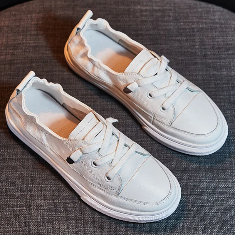 

Women White Flats Pu Soft Leather Sneakers Canvas Loafers Comfort Lace Up Casual Spring Woman Vulcanized Shoes Summer Mocassins