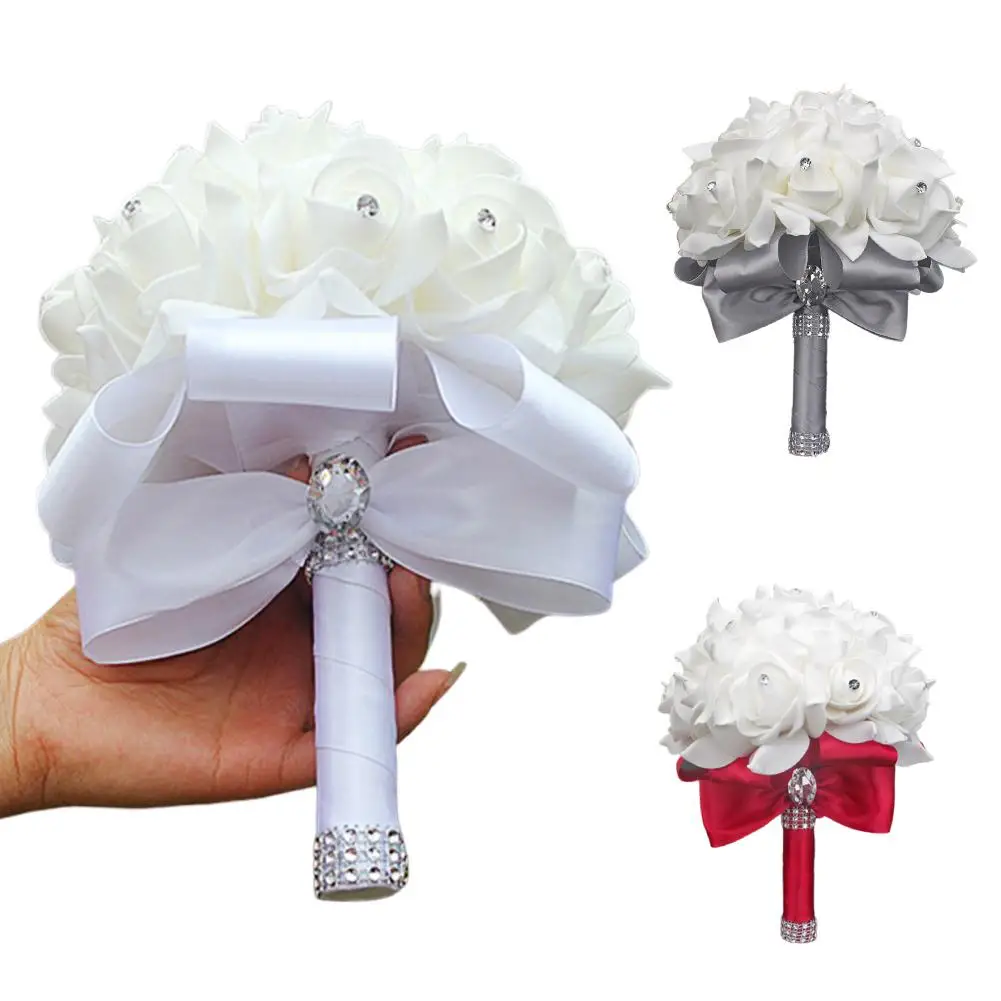 

Bridal Ribbon Rhinestones Vivid Fake Artificial Flower Bouquet Wedding Banquet Decor Photography Prop Home Decoration