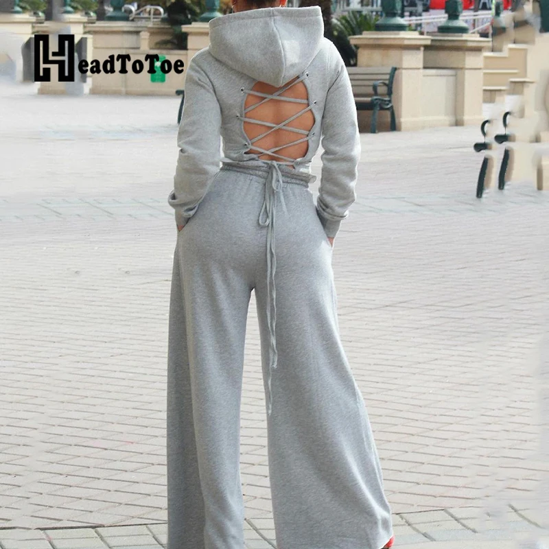 

Solid Hallow Out Criss Cross Drawstring Fashion Streetwear Backless 2 Piece Set Women Hooded Wide Leg Two Piece Outfits Woman