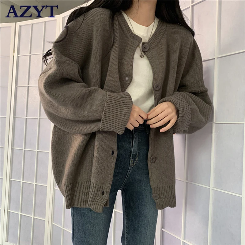 

Женский вязаный кардиган с круглым вырезом AZYT, повседневный свободный Однотонный свитер в Корейском стиле, модель 2022 на весну и осень
