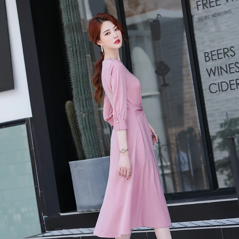 

2020 New Elegant Pink Green Fashion Dresses for Women Summer Wear Female Style Half Sleeve Dresses Outerwear Plus Size