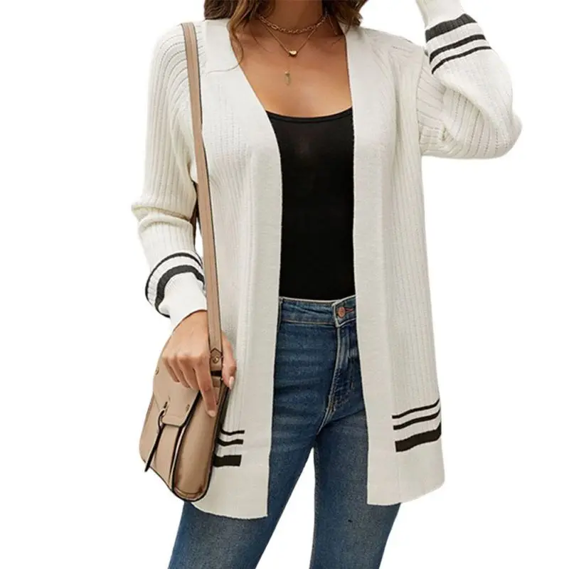 

Ladies Clothing Striped Patchwork Long Sleeve Knit Cardigan Long Cardigan Sweater Women Sweater For Women KUJO1