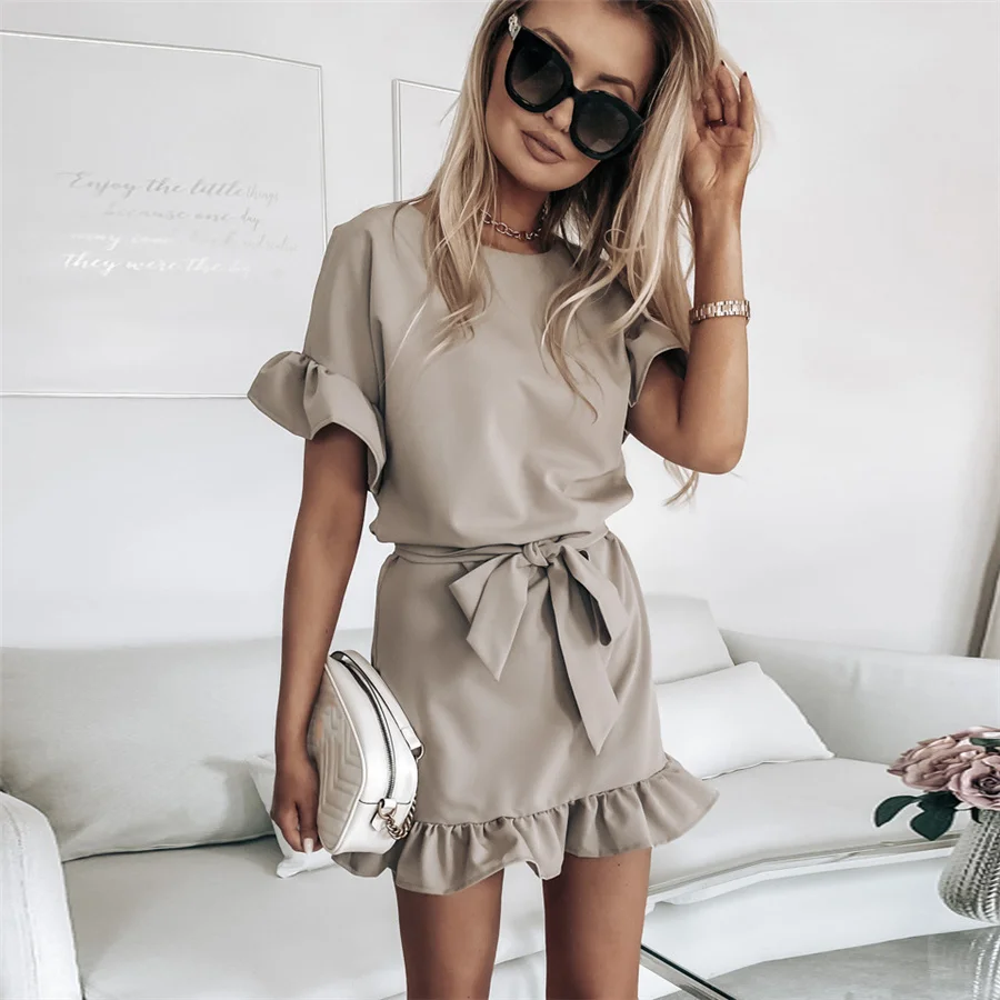 

Women's Casual Dresses Short-sleeved Ruffled Dress with Belt Bow Decoration Short Sleeves Mini Dresses Solid Color