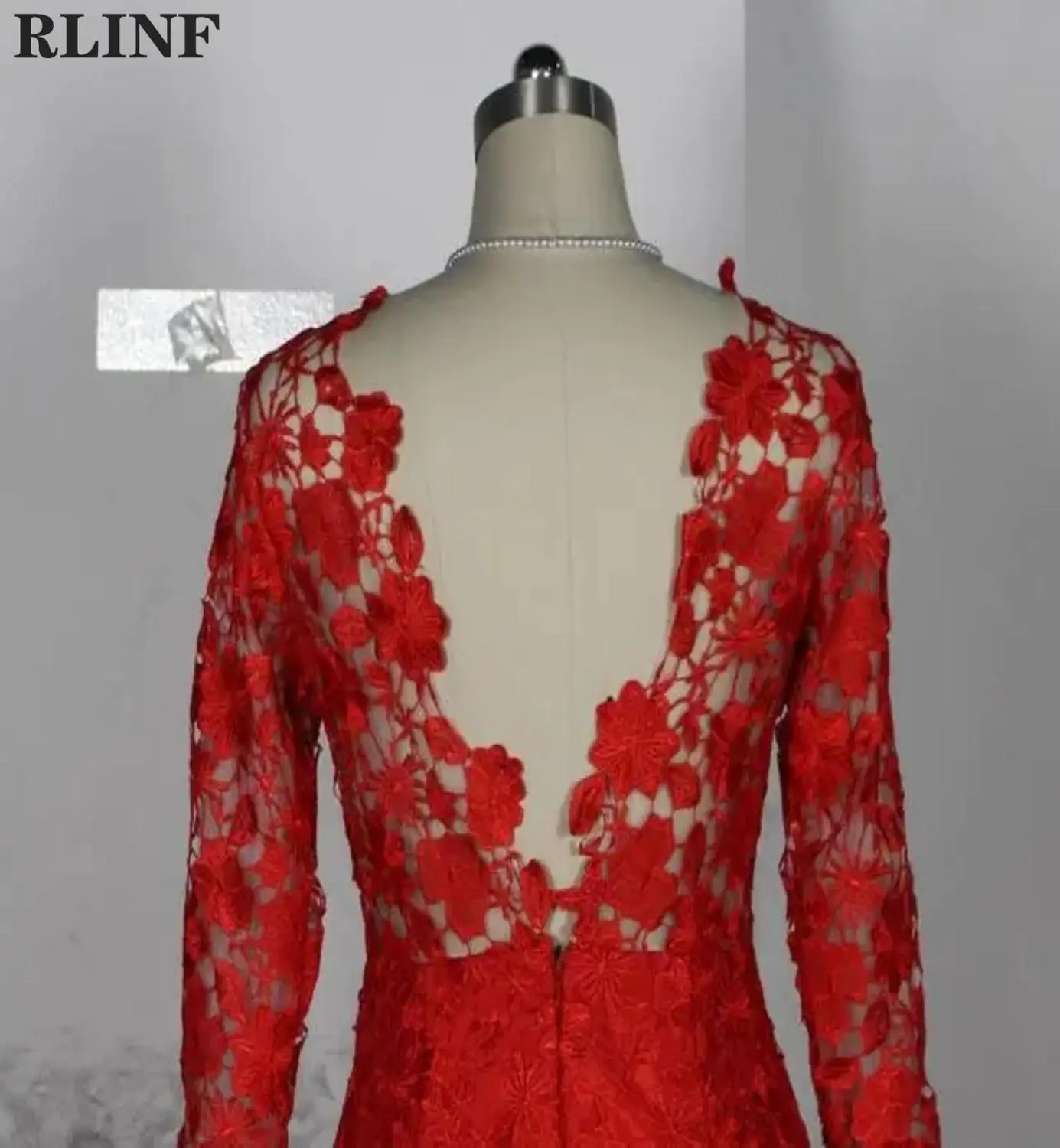 

vestido de noiva simples Custom Formal Evening Dress Red Lace Appliques Long Sleeves Backless Mermaid Floor Length