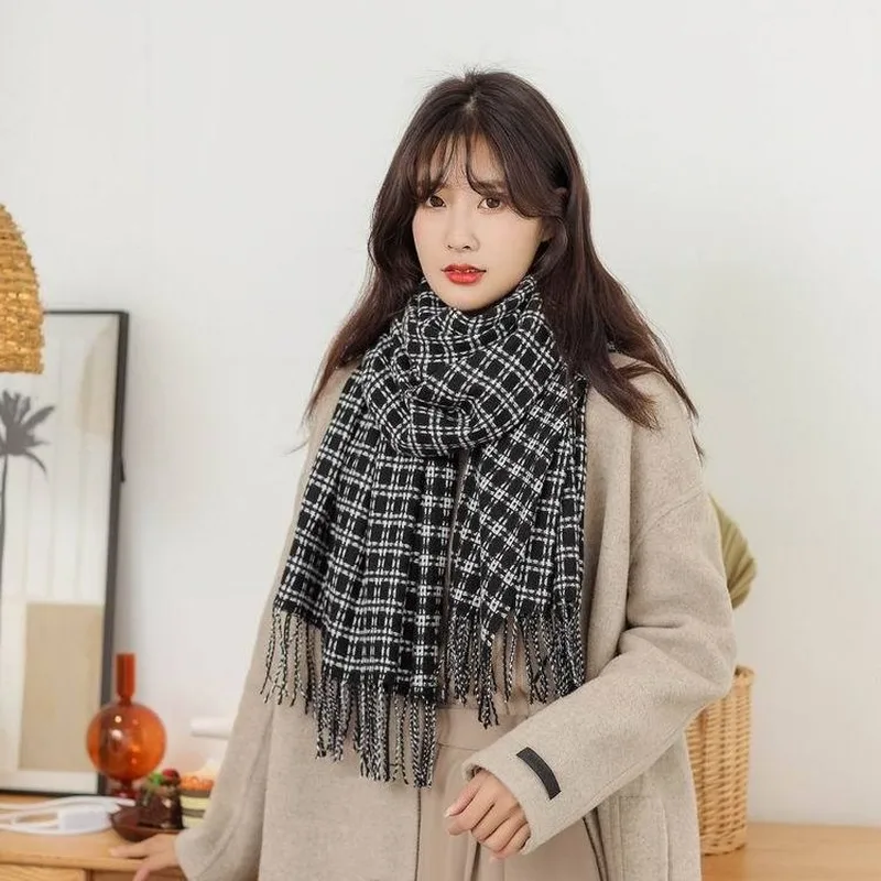 Клетчатый шарф женский осенне-зимний теплый длинный двусторонний кашемировый
