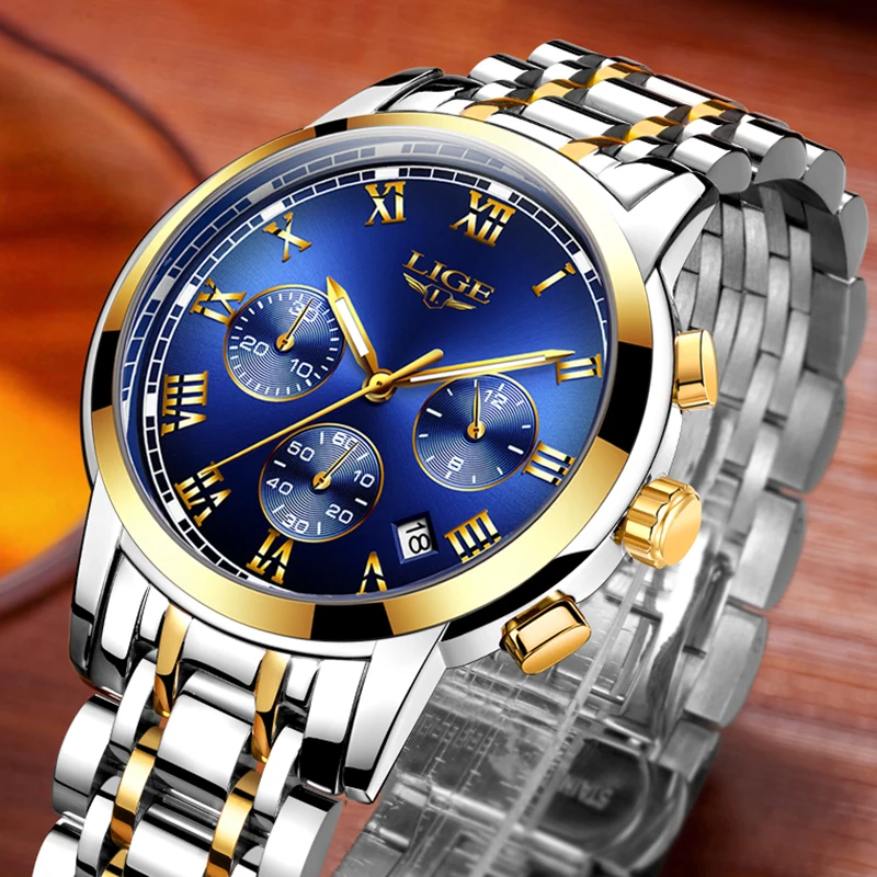 Часы LIGE для мужчин роскошные светящиеся водонепроницаемые аналоговые наручные