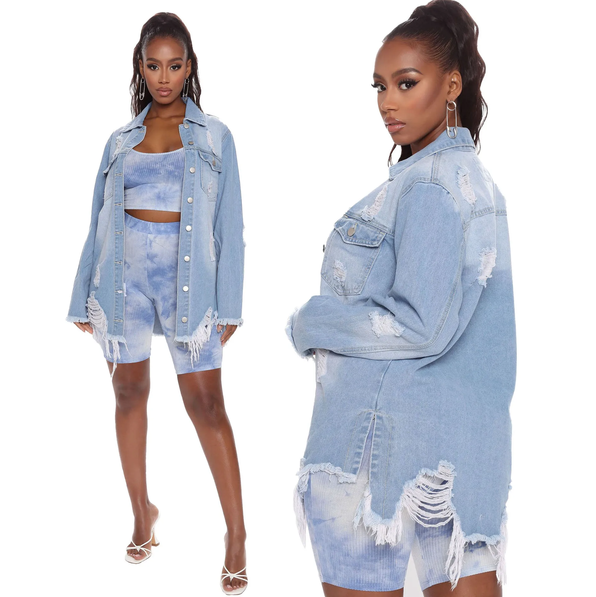 

FNOCE 2021 new spring women's ripped jeans jackets fashion trends casual solid long sleeve slim loose X-Long denim coats