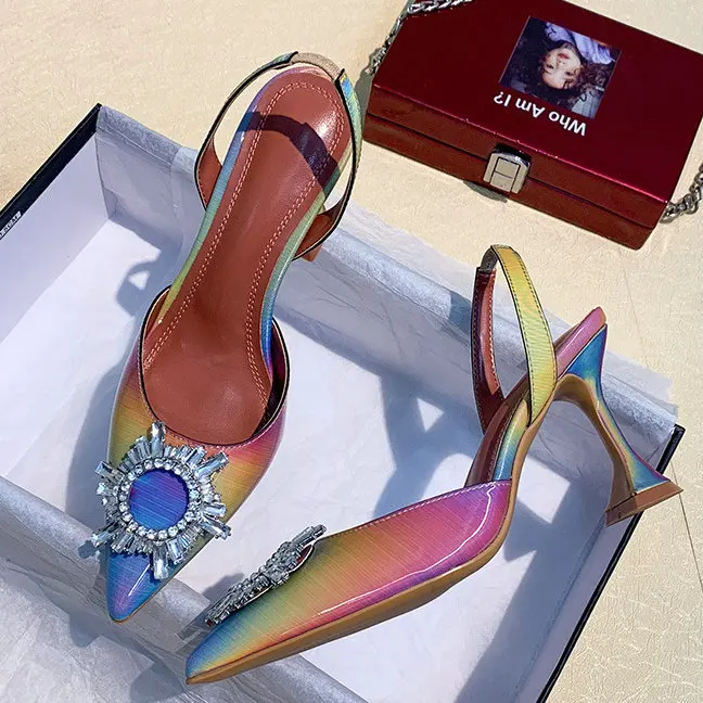 Rainbow colour 10cm Прозрачная обувь из ПВХ, 34-42 г. Новые летние туфли на нечетном каблуке с острым носком женская обувь на шпильке с украшением от солнца, дикая обувь с Героями сказок - Цвет: Rainbow colour 10cm