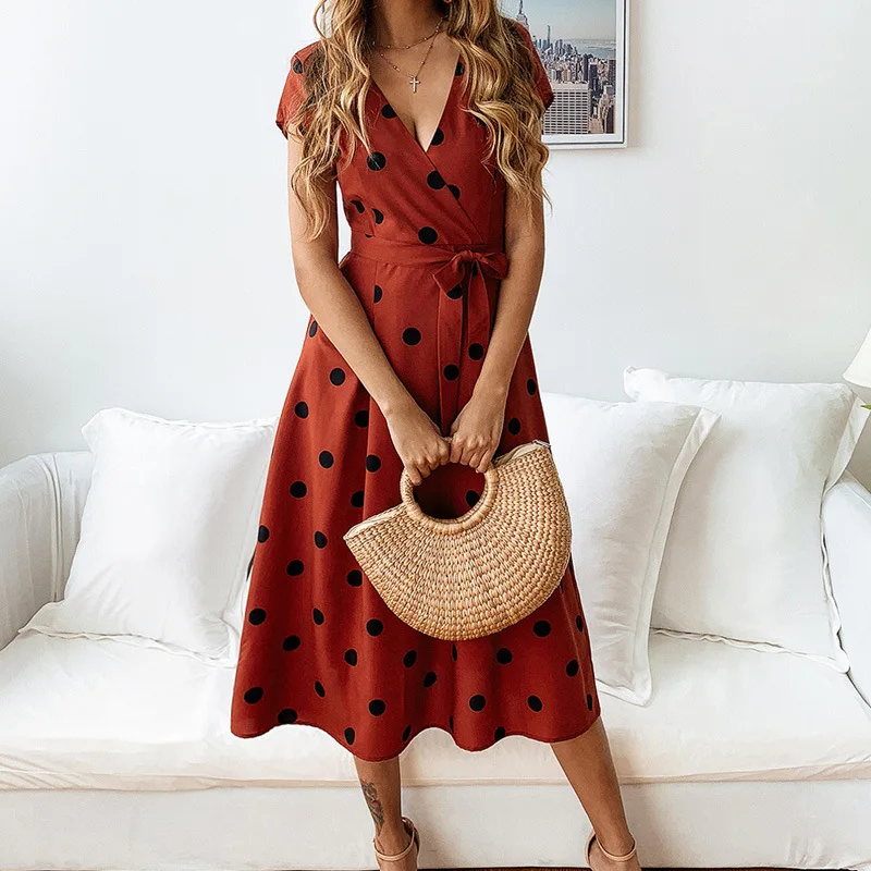 

Lossky Fashion Summer Dresses Women Casual Polka Dot Print Ladies Elegant A-Line Party Dress Sexy V-neck Short Sleeve Long Dress