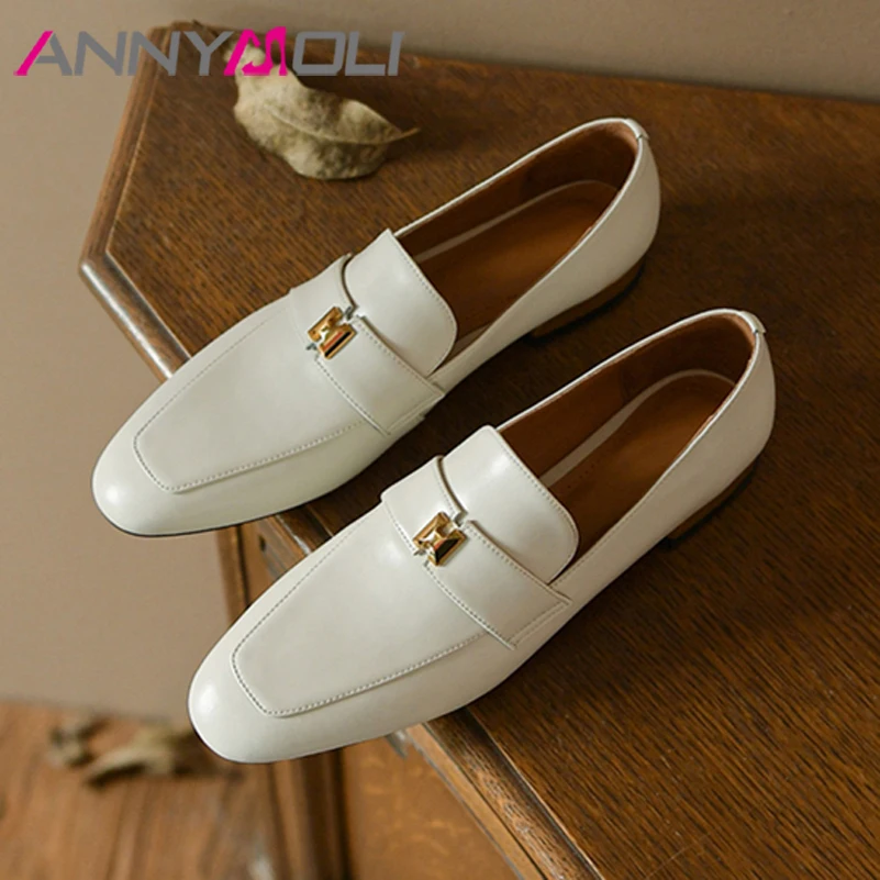 

ANNYMOLI Women Spring Genuine Leather Flat Loafers Shoes Metal Decoration Casual Square Toe Ladies Footwear 2022 Autumn Apricot