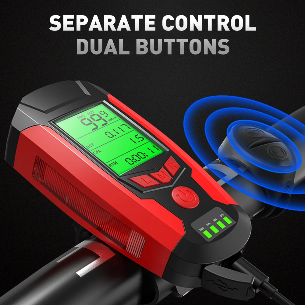 

Multi-Purpose Bike Computer Bicycle Headlight and 130dB Horn LCD Display Speedometer Rechargeable Front Light for MTB Road Bikes