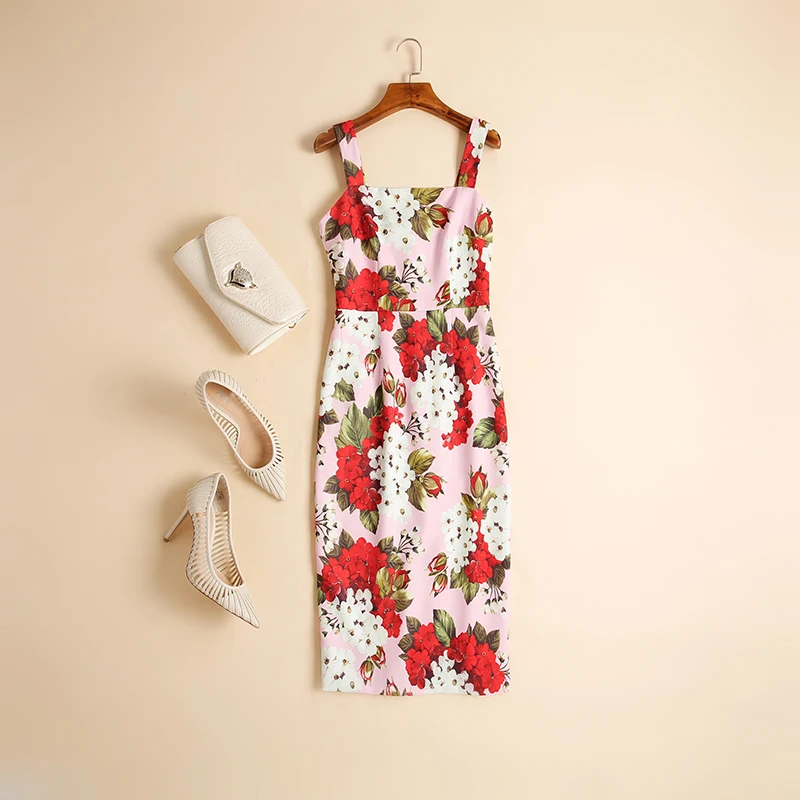 

Designer Fashion Runway Summer Holiday Dress Female Spaghetti Strap Pink Floral Vacation Party Print Elegant Midi Dress New