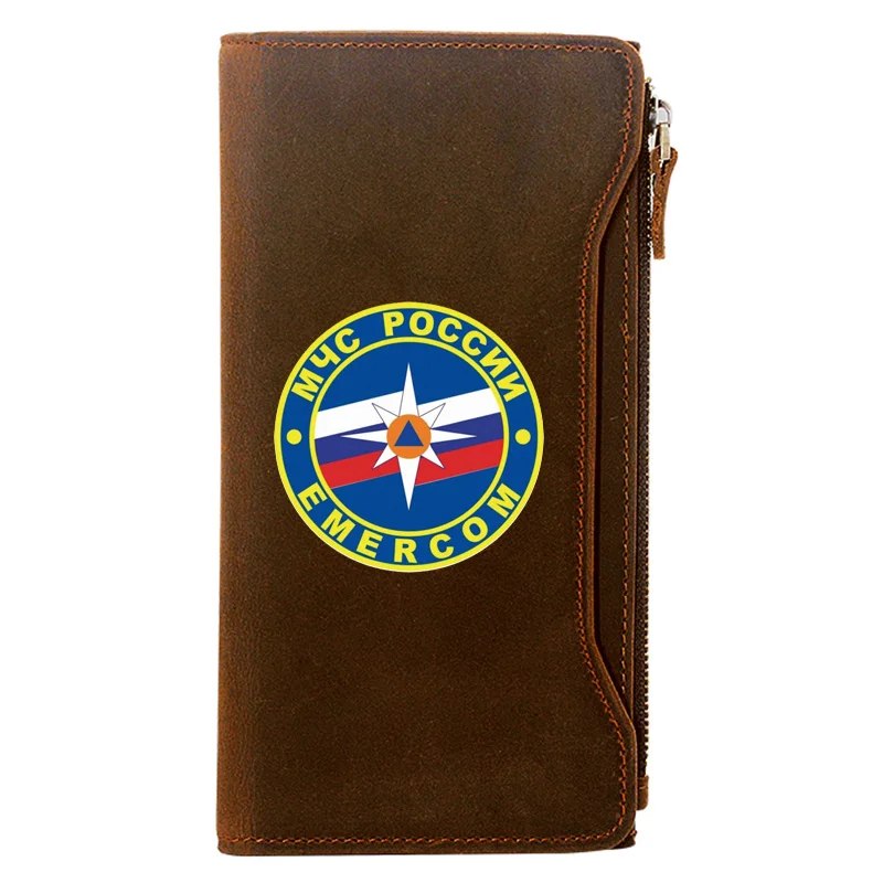 

МЧС РОССИИ EMERCOM Credit Card Holder Package Genuine Leather Zipper Wallet Men Long Clutch Purse